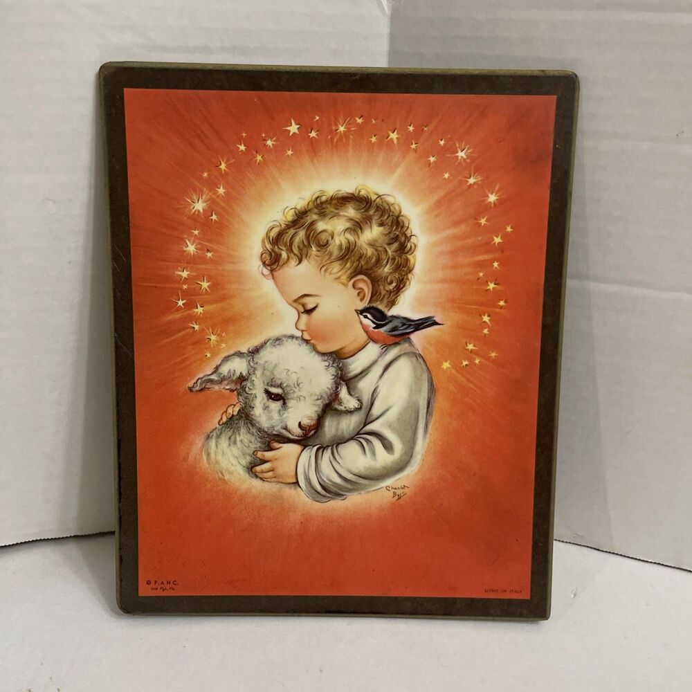 Vintage Charlot Child Lamb Bird Litho Plaque Waʻl Hanging 1958 Baby Italy